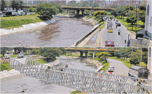 Antes y después de la armada de los puentes militares que cruzarán el río Medellín por La Macarena. FOTO henry agudelo
