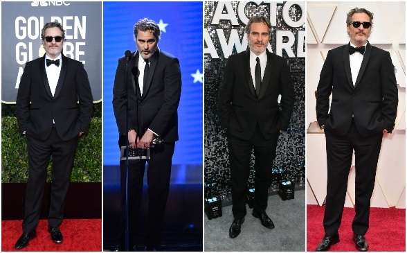 Joaquin Phoenix usó el mismo traje de Stella McCartney, solo cambió de corbata a corbatín en varias galas. Ganó como Mejor actor. 