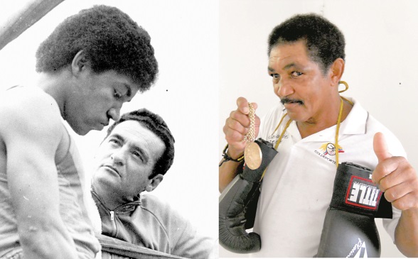 A la izquierda con Sócrates Cruz -entrenador-. Al lado, Rojas no suelta ni guantes ni presea. FOTOs Archivo y cORTESÍA Flia. ROJAS