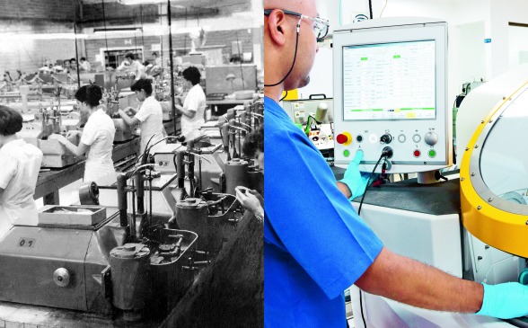 A la izquierda, aspecto de la antigua planta de producción de Óptica Santa Lucía en Medellín. A la derecha, imagen actual de los modernos laboratorios y equipos que se utilizan en la fabricación de lentes y otros dispositivos. FOTOS Cortesía óptica Santa lucía