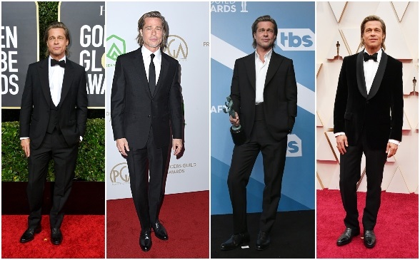 Los trajes de Brad Pitt, mejor actor de reparto en los Oscar, fueron Brioni, hechos a la medida. La chaqueta de la derecha es de terciopelo negro. fotos afp y getty