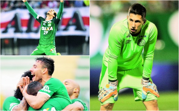 En la imagen superior izquierda aparece Neto, debajo de él, Ruschel celebrando con gran sonrisa. Al lado, el portero Follmann. FOTOs ap y afp
