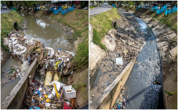 A la izquierda está la imagen que presentaba la quebrada La Jabalcona el día lunes, agobiada por la basura. A la derecha cómo lucía el afluente ayer, luego de la intervención tras los requerimientos de parte de este diario. FOTO JUAN ANTONIO SÁNCHEZ