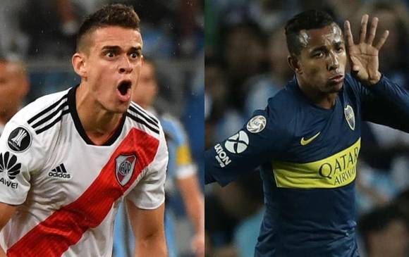 Rafael Santos Borré, goleador del torneo, y Sebastián Villa, titular en Boca, vivirán una intensa jornada hoy. FOTO afp