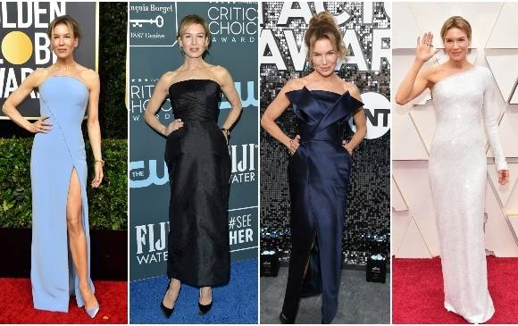 De izq. a der. los trajes de Renée Zellgewer: Armani, Dior, Louis Vuitton y de nuevo Armani en los Oscar, allí ganó como Mejor actriz.