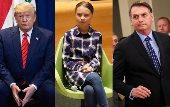 De izquierda a derecha: el presidente de Estados Unidos, Donald Trump; Greta Thunberg, activista ambiental, quien cuestionó en Naciones Unidas a los líderes mundiales por su inacción ante el cambio climático; y Jair Bolsonaro, presidente de Brasil. FOTOS AFP y Reuters