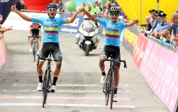 Alejo Osorio (izq.) y Daniel Muñoz, realidades del ciclismo colombiano. En el Giro sub-23 imponen talento. FOTO CORTESÍA ÉDER GARCÉS-FEDECICLISMO