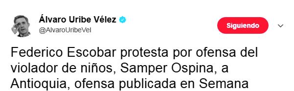 Publicación de Uribe el 14 de julio a las 12:55 p.m. FOTO Twitter
