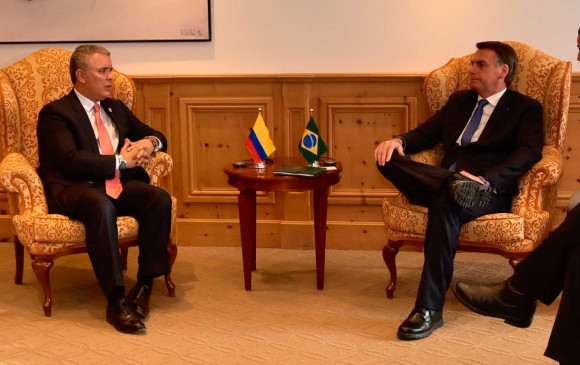 El presidente Iván Duque y su homólogo brasileño, Jair Bolsonaro, durante un encuentro en Suiza en enero. FOTO: COLPRENSA