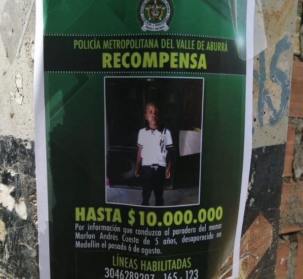 Por información que permita dar con la ubicación del niño las autoridades ofrecen una recompensa de hasta 10 millones de pesos. FOTO MATEO ISAZA