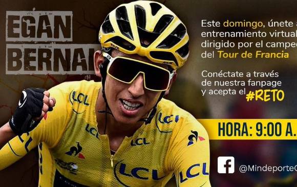 El ciclista Egan Bernal, campeón del Tour de Francia, se unió al reto de hacer ejercicio en casa y dirigirá un entrenamiento especial este domingo. FOTO TOMADA MINDEPORTE
