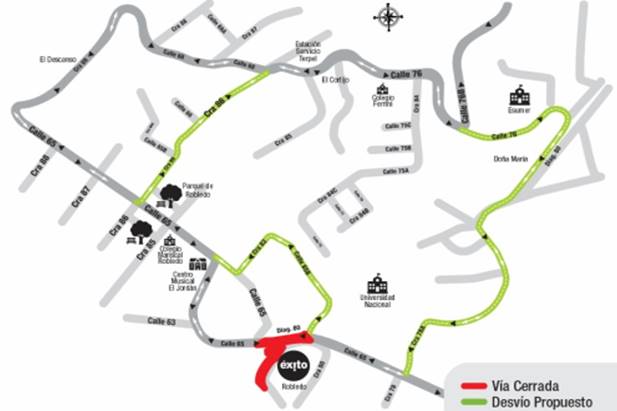 Este es el cierre de la diagonal 80 entre las calles 65 y 65B y las rutas alternas que EPM propone. MAPA EPM