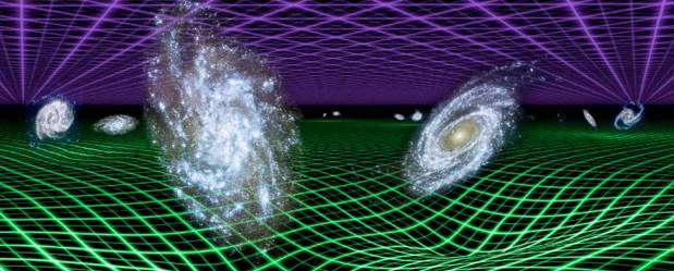 La energía negra es la que está provocando la expansión del universo y el alejamiento de las galaxias. | Cortesía | En el dibujo de la Nasa-Caltech, la energía negra es la malla morada y la gravedad la verde de abajo. En el centro, las galaxias.