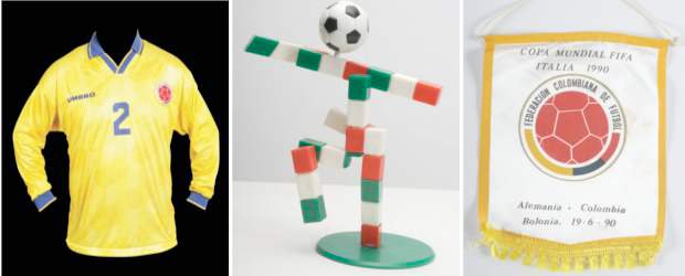De las canchas al Museo Nacional | Colprensa | Una camiseta de hincha con el número 2 con el que jugaba Andrés Escobar; Ciao, la mascota oficial de Italia 1990; y el banderín del partido entre Colombia y Alemania en el Mundial Italia 90, son algunos de los objetos de la exposición.