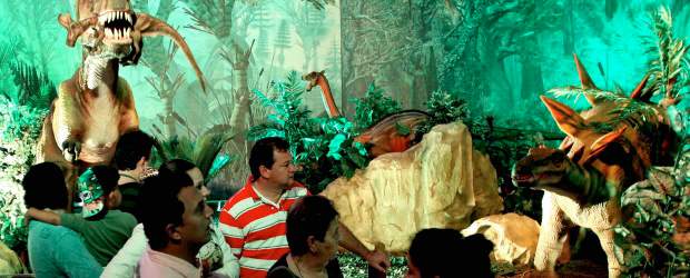 Viaje en el tiempo a la era de los dinosaurios | Manuel Saldarriaga | La instalación está ambientada por sonidos, luces y escenografía que recrean la era mesozoica. Los guías del recorrido hablan sobre las formas diferentes en que evolucionaron los dinosaurios. Una de las hipótesis científicas más aceptadas señala que los parientes lejanos de ellos los podemos ver hoy emplumados y volando. Las aves serían la evolución de los dinosaurios.