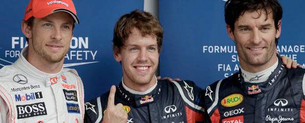 Sebastian Vettel nuevamente partirá desde el primer lugar | AP | Button, izq., Vettel, centro, y Webber, der., tras la jornada de clasificación.