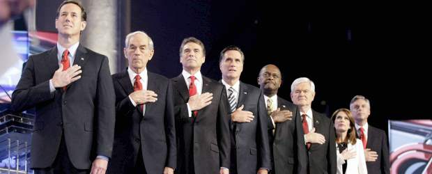 Aspirantes republicanos debatieron sobre la inmigración ilegal | Reuters | Los candidatos presidenciales republicanos (de izquierda a derecha) Rick Santorum, Ron Paul, Rick Perry, Mitt Romney, Herman Cain, Newt Gingrich, Michele Bachmann y Jon Huntsman.