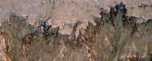 ¿Hay vida?, hallan agua corriendo por Marte | Cortesía Nasa | En la foto se aprecia lo que puede ser agua salada en el cráter Newton de Marte.