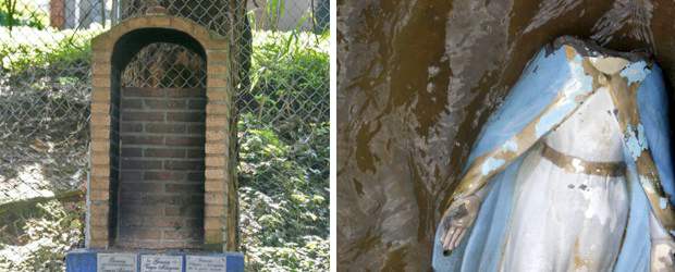 La Presidenta está sin virgen | Esteban Vanegas | Sin cabeza y sin pies quedó la virgen del Parque La Presidenta, que fue arrojada a la quebrada. El altar permanece solo mientras se restituye la imagen.