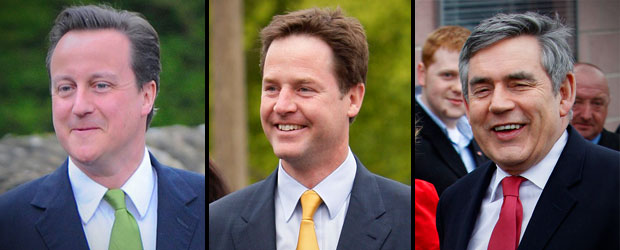 Británicos votan en reñidas elecciones | El líder del Partido Liberal Democrata, Nick Clegg; el líder del Partido Conservador británico, David Cameron y el Primer ministro Gordon Brown.