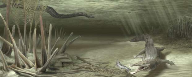 Cita de colosos en El Cerrejón | Cortesía Museo De Historia Natural De Florida-dibujo Danielle Byerley | La ilustración presenta el hábitat de A. guajiraensis hace 60 millones. Este animal se adaptó a la vida en agua fresca, lo que mejoró sus condiciones de vida. Pudo haber disputado alimentos con la enorme serpiente Titanoboa (al fondo), la más grande jamás hallada, que vivió en esa región también.