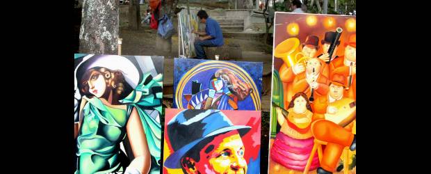 Los piratas te pintan la cara | Juan Antonio Sánchez | Los más pirateados: Arenas Betancourt, Alejandro Obregón -sus obras se venden a más de $300 millones-, Grau y Manzur -éstos, avaluados en más de $120 millones-. De los extranjeros, Picasso, Miró y Dalí. El más copiado y reproducido: Fernando Botero. En foto, (der) reproducción de Los músicos rojos, original de Botero, a cargo de Gustavo Gómez, en el Parque Lleras. Precio: $800.000.