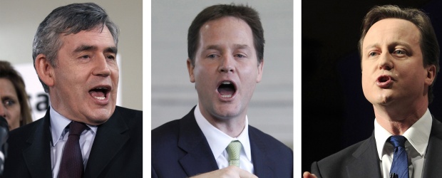 Tres líderes ante una elección incierta | Reuters | Gordon Brown, Nick Clegg, David Cameron.