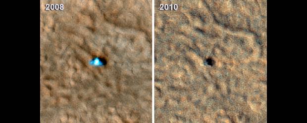 Invierno dañó una nave en Marte | Cortesía Nasa | A la izquierda, Phoenix brillante, indicando que funcionaba bien. A la derecha, opaca, mostrando el polvo que la cubrió.