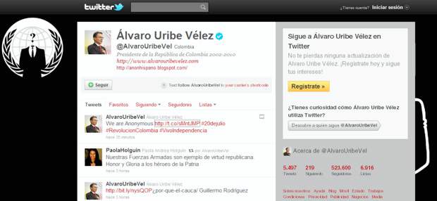 Hackearon la cuenta de Twitter del expresidente Uribe | Los piratas informáticos modificaron la imagen del perfil y publicaron un trino y un fondo con el logosímbolo que distingue a Anonymous.