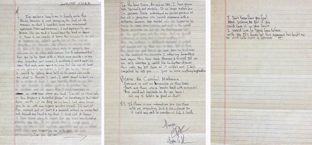 Carta escrita por Tupac a Madonna en la que dice que la dejó por su color de piel. Foto internet