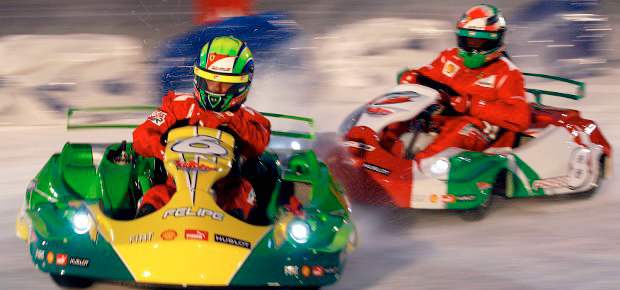 Fisichella ganó la prueba de esquí y Massa la exhibición en el lago helado | Reutes | Massa y Fisichella durante la competencia.