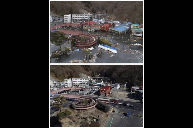 Reuters - Una fotografía muestra la combinación en la misma ubicación en Miyako, Prefectura de Iwate, Japón noreste en dos fechas distintas, 11 de marzo de 2011 (arriba) y 17 de febrero de 2012 (abajo). La fotografía superior muestra las calles inundadas después del desastre natural. La imagen inferior muestra el mismo lugar casi un año después.