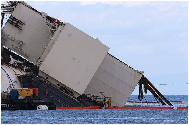 FOTOS AP - La rotaci&#243;n del barco, de 112.000 toneladas y 290,2 metros de eslora, se realiza con un minucioso proceso con gatos hidr&#225;ulicos que tensan los cables de acero unidos a la parte superior de unos cajones y plataformas instalados, mientras otros cables conectados a 13 torretas levantadas a estribor dieron equilibrio al buque.