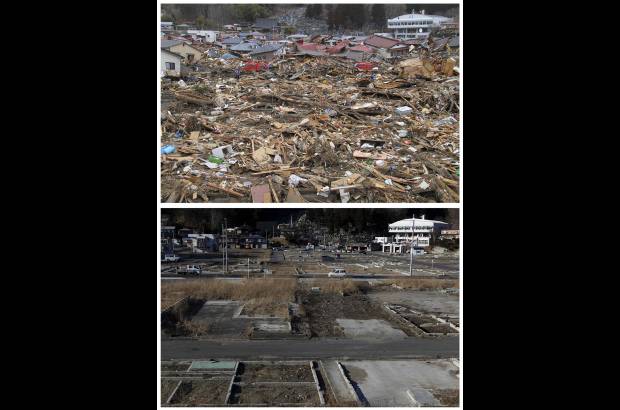 Reuters - Esta combinación muestra el mismo lugar, en Miyako, Prefectura de Iwate, Japón. Las fotos fueron tomadas el 11 de marzo de 2011 (arriba) y 17 de febrero de 2012 (abajo). La fotografía superior muestra las calles inundadas después del terremoto y tsunami. La inferior da cuenta del mismo lugar casi un año después.