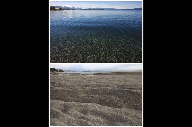 Reuters - Combinaci&#243;n de fotos del lago Nahuel Huapi, la de arriba fue el 17 de agosto de 2009 y la de abajo fue el 8 de junio de 2011, los cambios son debido a la ceniza y a la piedra p&#243;mez del volc&#225;n chileno Puyehue.