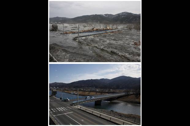 Reuters - Japón es un ejemplo de recuperación tras el tsunami y terremoto que lo afectó. La fotografía superior muestra una ola rompiendo en un camino y el puente en Iwate. La imagen inferior enseña el mismo lugar casi un año después.