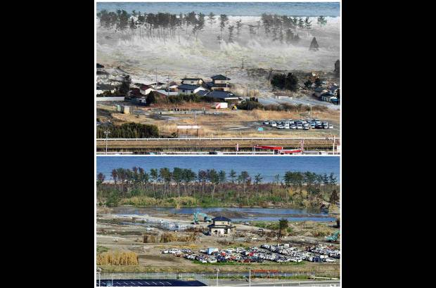Reuters - Esta zona residencial de Natori, en la prefectura de Miyagi fue una de las m&#225;s golpeadas por el tsunami que sacudi&#243; a Jap&#243;n el pasado 11 de marzo, la imagen de arriba fue captada cuando el tsunami estaba entrando a la poblaci&#243;n y la de abajo la tomaron el 3 de junio de 2011, solo una casa qued&#243; en pie.