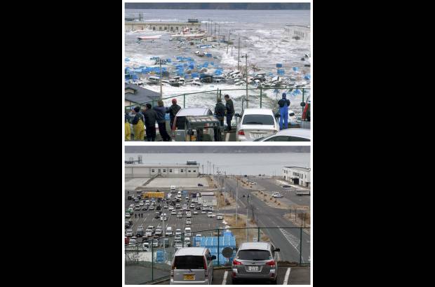 Reuters - El tsunami y terremoto de magnitud 9.0 dejó serios daños en Japón. La combinación de fotos da cuenta de como se ha logrado la reconstrucción. Arriba una ola rompe en el puerto pesquero en Miyako, Prefectura de Iwate, al noreste de Japón. Abajo, el mismo lugar un año después.