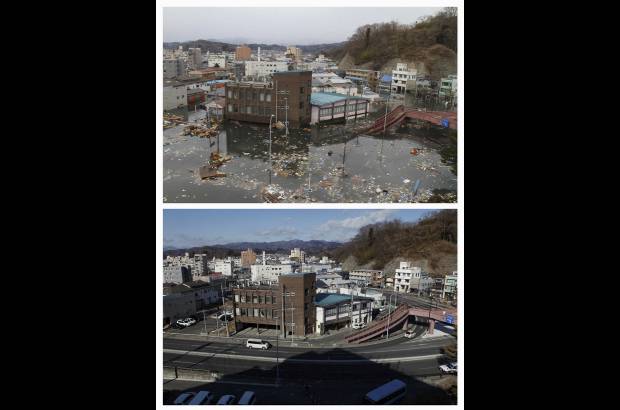 Reuters - La fotografía muestra la combinación en la misma ubicación en Miyako, Prefectura de Iwate, Japón noreste en dos fechas distintas, 11 de marzo de 2011 (arriba) y 17 de febrero de 2012 (abajo). La fotografía superior enseña las calles inundadas después del desastre natural de magnitud 9.0. Abajo, el mismo sitio casi un año después.