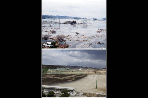 Reuters - En la imagen se muestra el antes y después de la tragedia. La primera foto da cuenta de una ola rompiendo en un patio de una escuela en Miyako. La fotografía inferior enseña el mismo lugar casi un año después, tras las labores de reconstrucción.