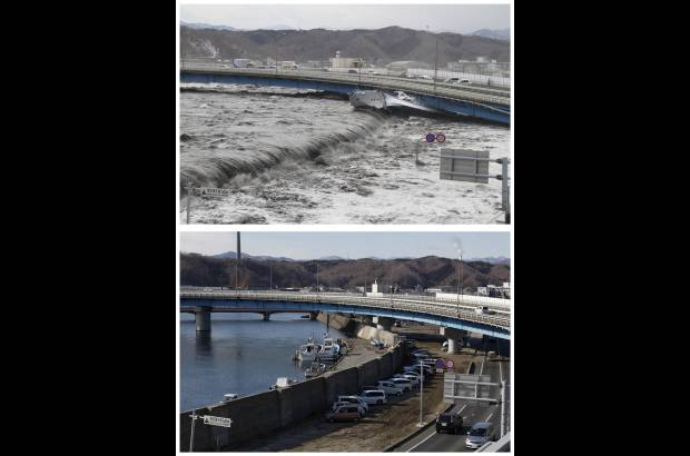 Reuters - Una fotografía muestra la combinación en la misma ubicación en una calle de Miyako, Prefectura de Iwate, Japón noreste en dos fechas distintas, 11 de marzo de 2011 (arriba) y 17 de febrero 2012 (abajo). La fotografía superior enseña una ola rompiendo en la calle. La fotografía inferior da cuenta del mismo lugar casi un año después.