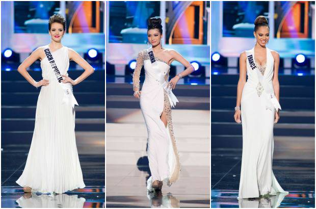 Reuters - Gabriela Kratochvilov, Miss Rep&#250;blica Checa; Jin Ye, Miss Chinay Hinarani de Longeaux, Miss Francia, m&#225;s candidatas que salieron a desfilar con traje de gala blanco.