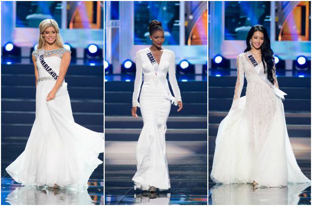 Reuters - Stephanie Tency, Miss Pa&#237;ses Bajos; Miss Titi Yitayish, Miss Israel y Yumi Kim, Miss Corea, tambi&#233;n de blanco, para algunos un desfile muy aburrido.