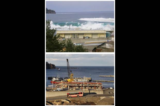 Reuters - Esta fotografía muestra la combinación en la misma ubicación en un puerto pesquero en Miyako, Prefectura de Iwate, noreste de Japón en dos fechas distintas, 11 de marzo de 2011 (arriba) y 16 de febrero, 2012 (abajo). La fotografía superior da cuenta de una ola rompiendo en el puerto después del terremoto de magnitud 9.0. La fotografía inferior muestra el mismo lugar casi un año después.