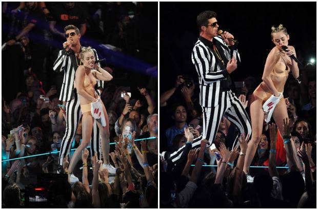 AP - Miley Cyrus y Robin Thicke cantaron juntos en la gala de los Premios MTV. Ninguno de los dos gan&#243; premio.