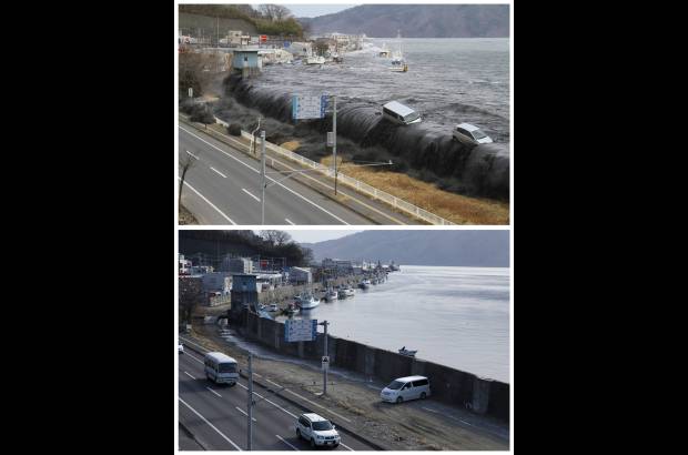 Reuters - La fotografía superior muestra una ola de tsunami cuando se estrella contra una calle después del trremoto de magnitud 9,0. Abajo, el mismo espacio tras las labores de reconstrucción. Un ejemplo a seguir.