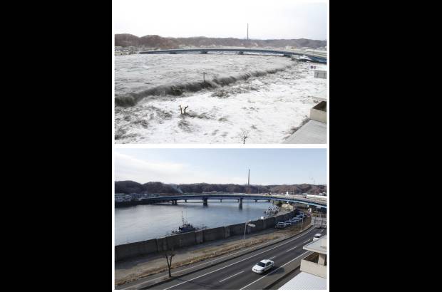 Reuters - Esta fotografía muestra la combinación en la misma ubicación en una calle de Miyako, Prefectura de Iwate, al noreste de Japón en dos fechas distintas, 11 de marzo de 2011 (arriba) y 17 de febrero 2012 (abajo). La fotografía superior enseña una ola rompiendo sobre una calle. La inferior, el mismo lugar casi un año después.