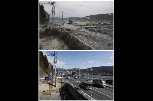 Reuters - La fotografía muestra la combinación en la misma ubicación en una calle de Miyako, Prefectura de Iwate, noreste de Japón en dos fechas distintas, 11 de marzo de 2011 (arriba) y 17 de febrero 2012 (abajo). La fotografía superior enseña una ola rompiendo en un camino y el puente. Abajo, el mismo lugar casi un año después tras la impresionante reconstrucción.