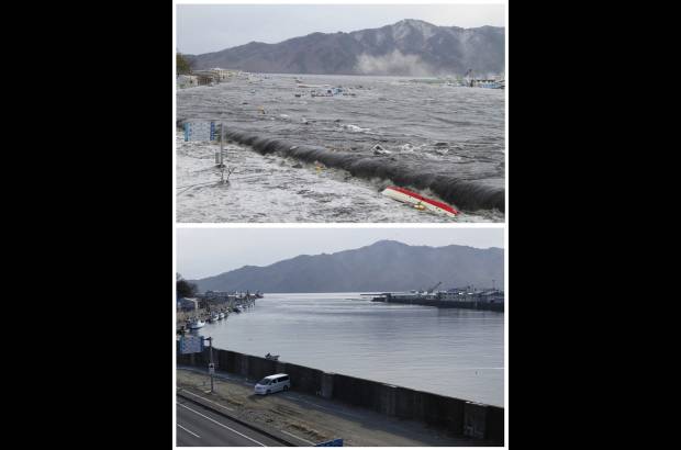 Reuters - Esta fotografía muestra la combinación en la misma ubicación en una calle de Miyako, Prefectura de Iwate, Japón noreste en dos fechas distintas, 11 de marzo de 2011 (arriba) y 17 de febrero 2012 (abajo). La fotografía superior da cuenta de una ola rompiendo en la calle. La inferior, el mismo lugar casi un año después.