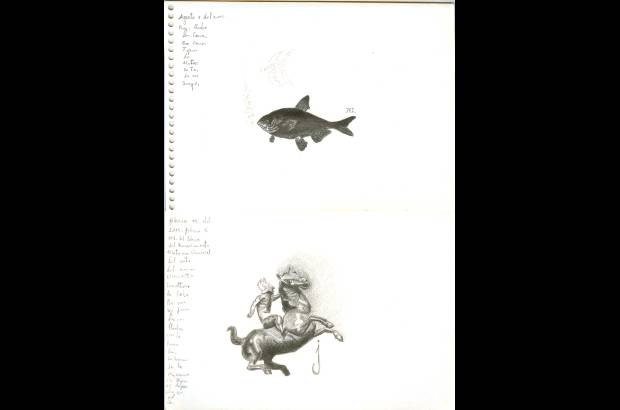 - Dos dibujos en blanco y negro de Wilfer Gonz&#225;lez. En una hoja de libreta.